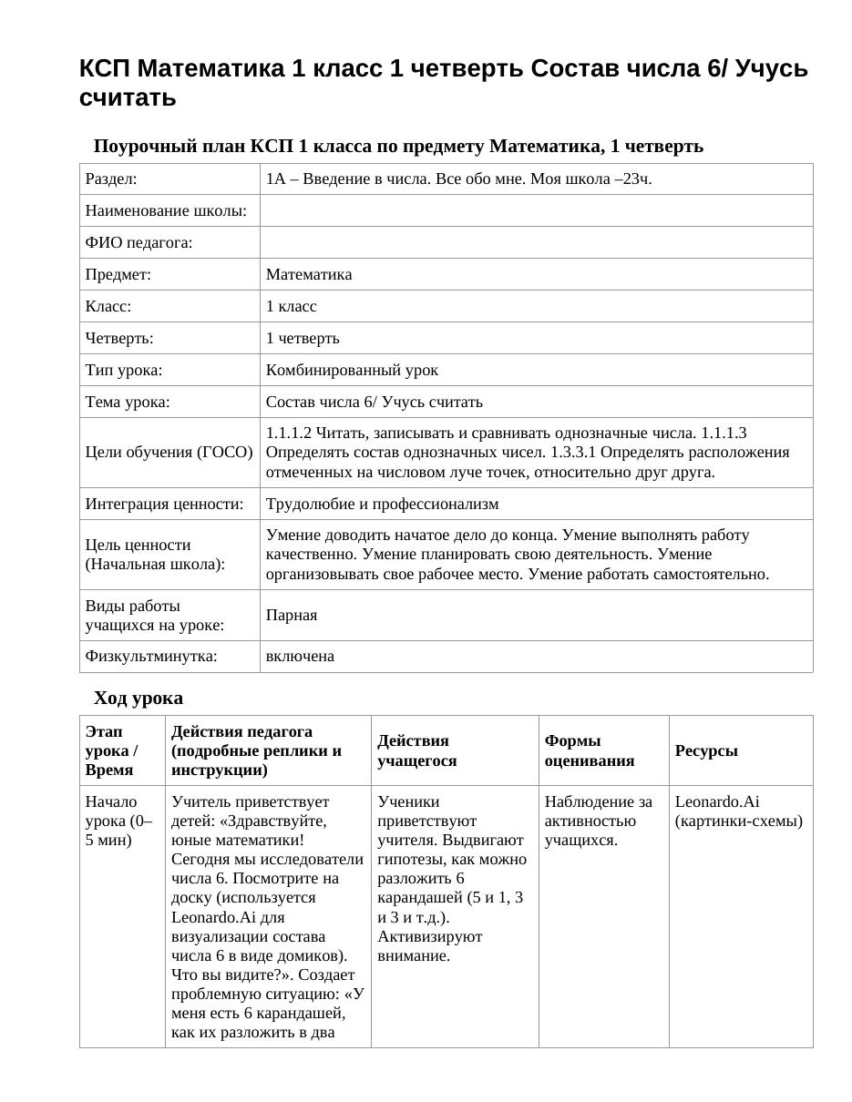 КСП Математика 1 класс 1 четверть Состав числа 6/ Учусь считать