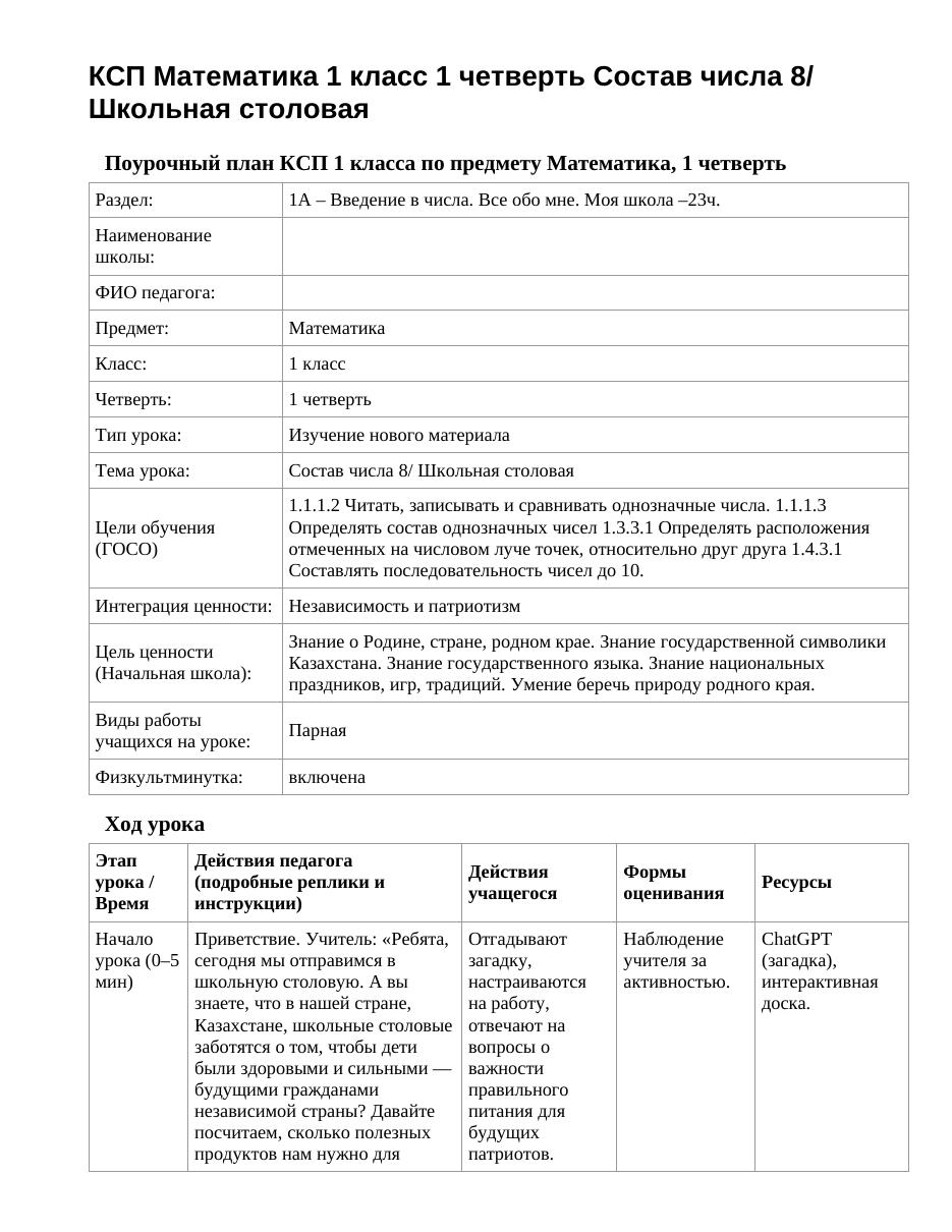 КСП Математика 1 класс 1 четверть Состав числа 8/ Школьная столовая