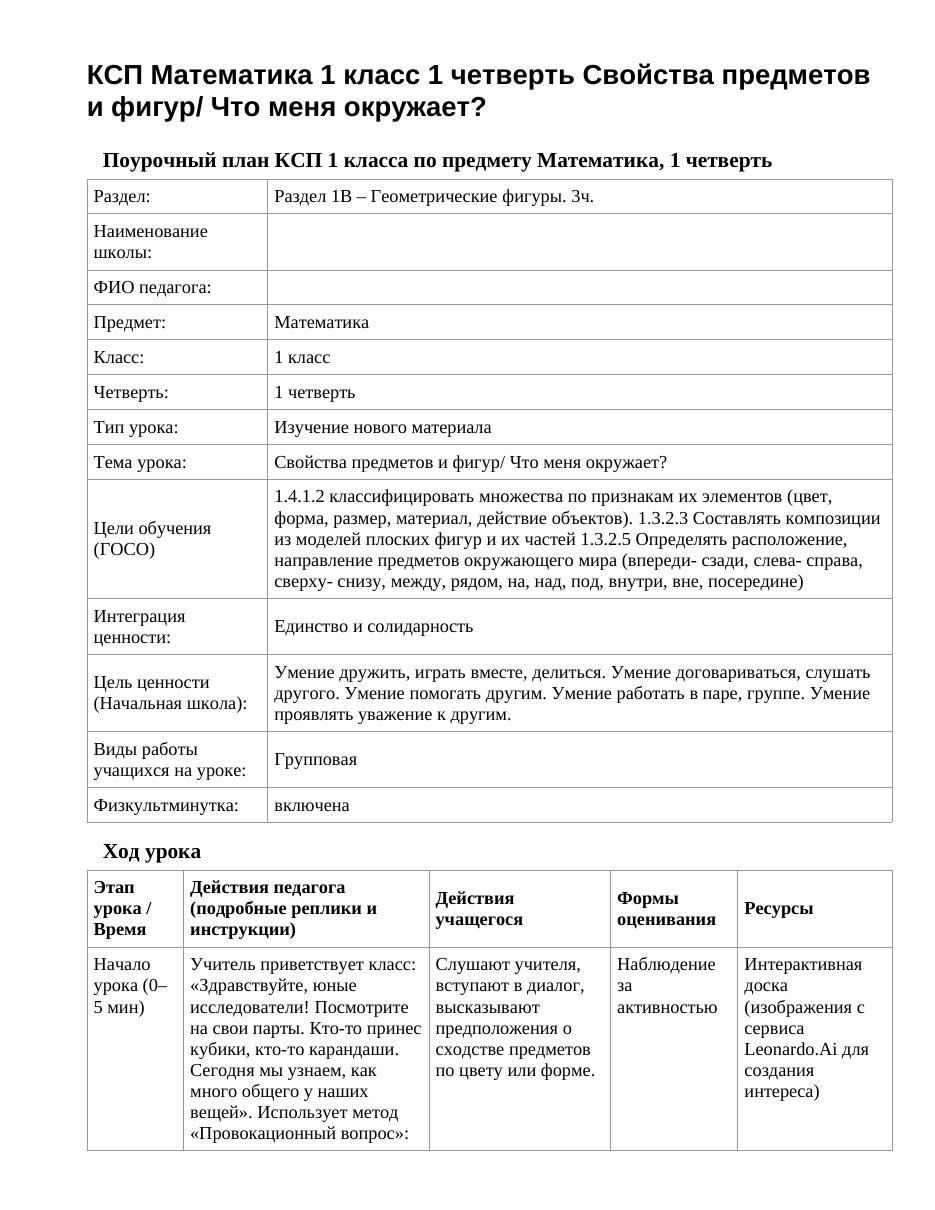 КСП Математика 1 класс 1 четверть Свойства предметов и фигур/ Что меня окружает?