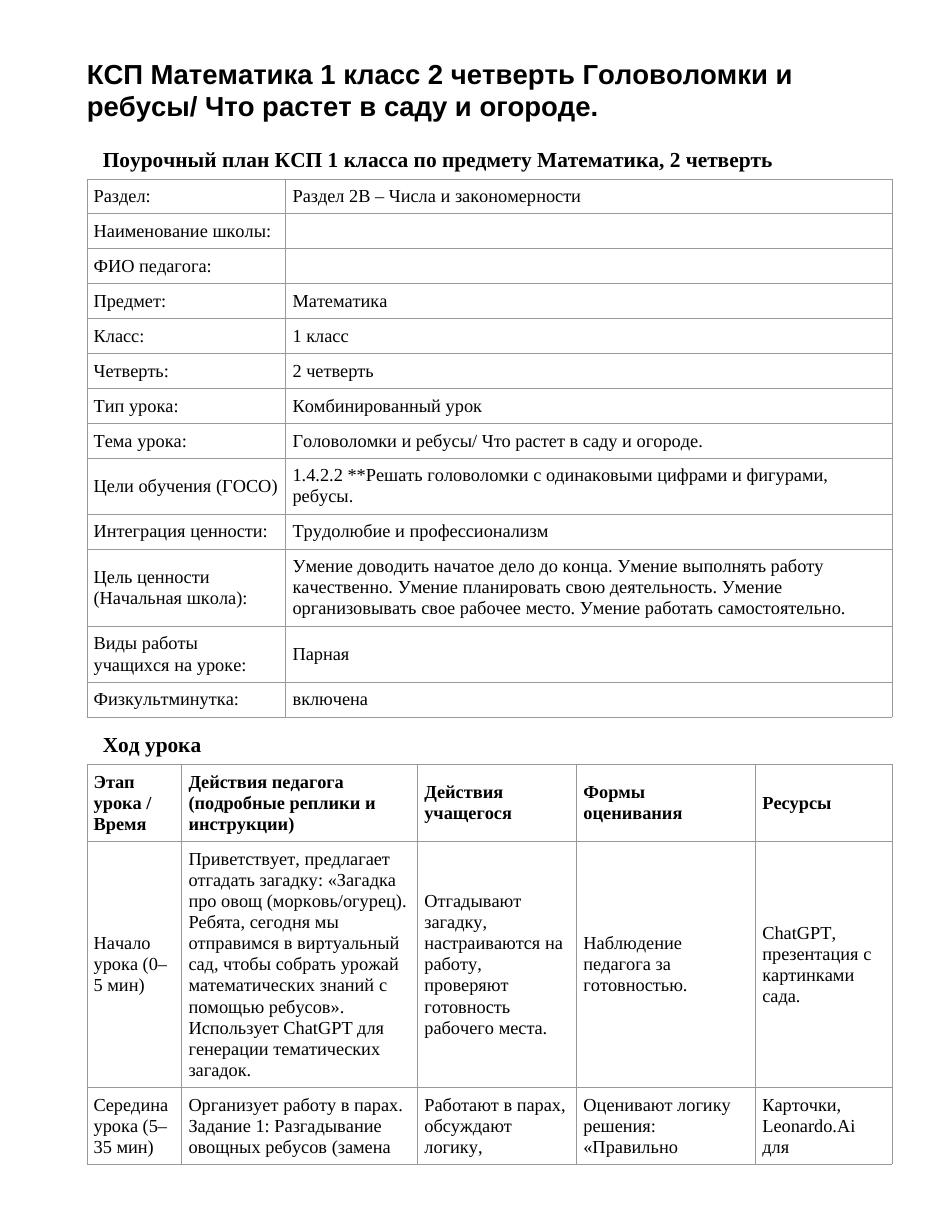 КСП Математика 1 класс 2 четверть Головоломки и ребусы/ Что растет в саду и огороде.