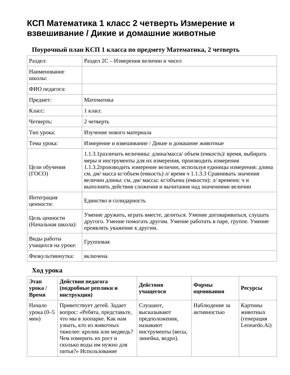 КСП Математика 1 класс 2 четверть Измерение и взвешивание / Дикие и домашние животные