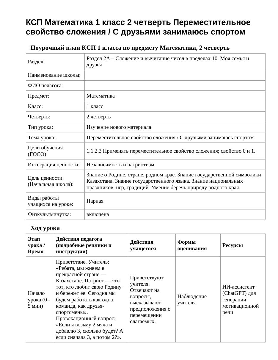 КСП Математика 1 класс 2 четверть Переместительное свойство сложения / С друзьями занимаюсь спортом