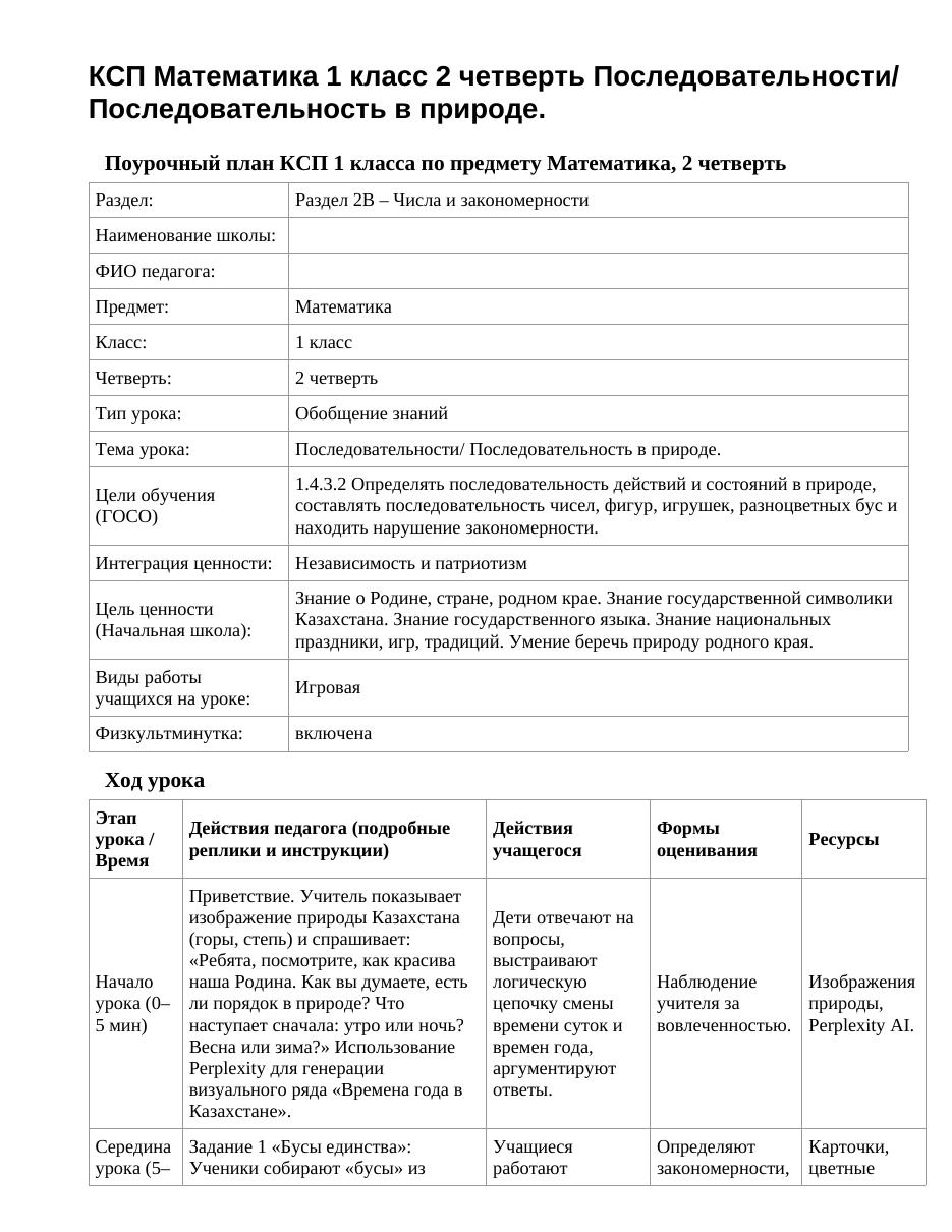 КСП Математика 1 класс 2 четверть Последовательности/ Последовательность в природе.