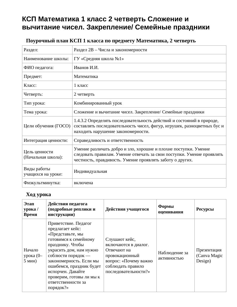 КСП Математика 1 класс 2 четверть Сложение и вычитание чисел. Закрепление/ Семейные праздники