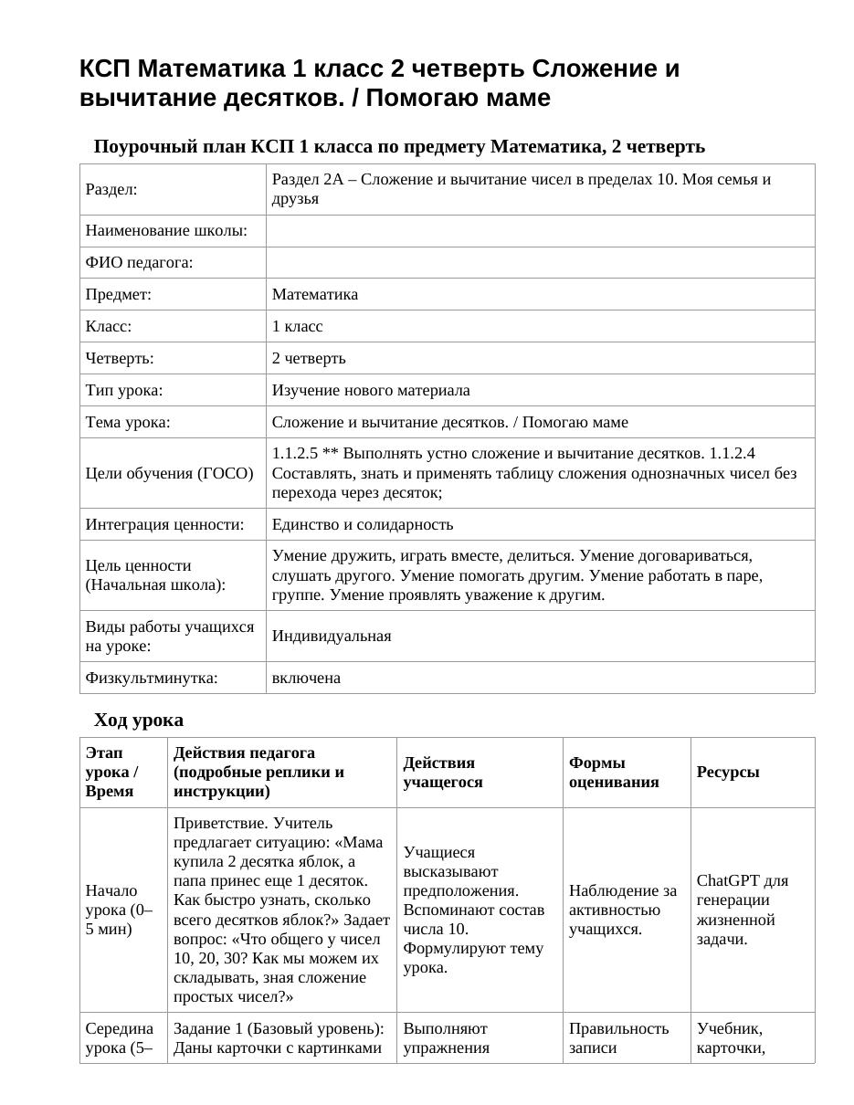 КСП Математика 1 класс 2 четверть Сложение и вычитание десятков. / Помогаю маме