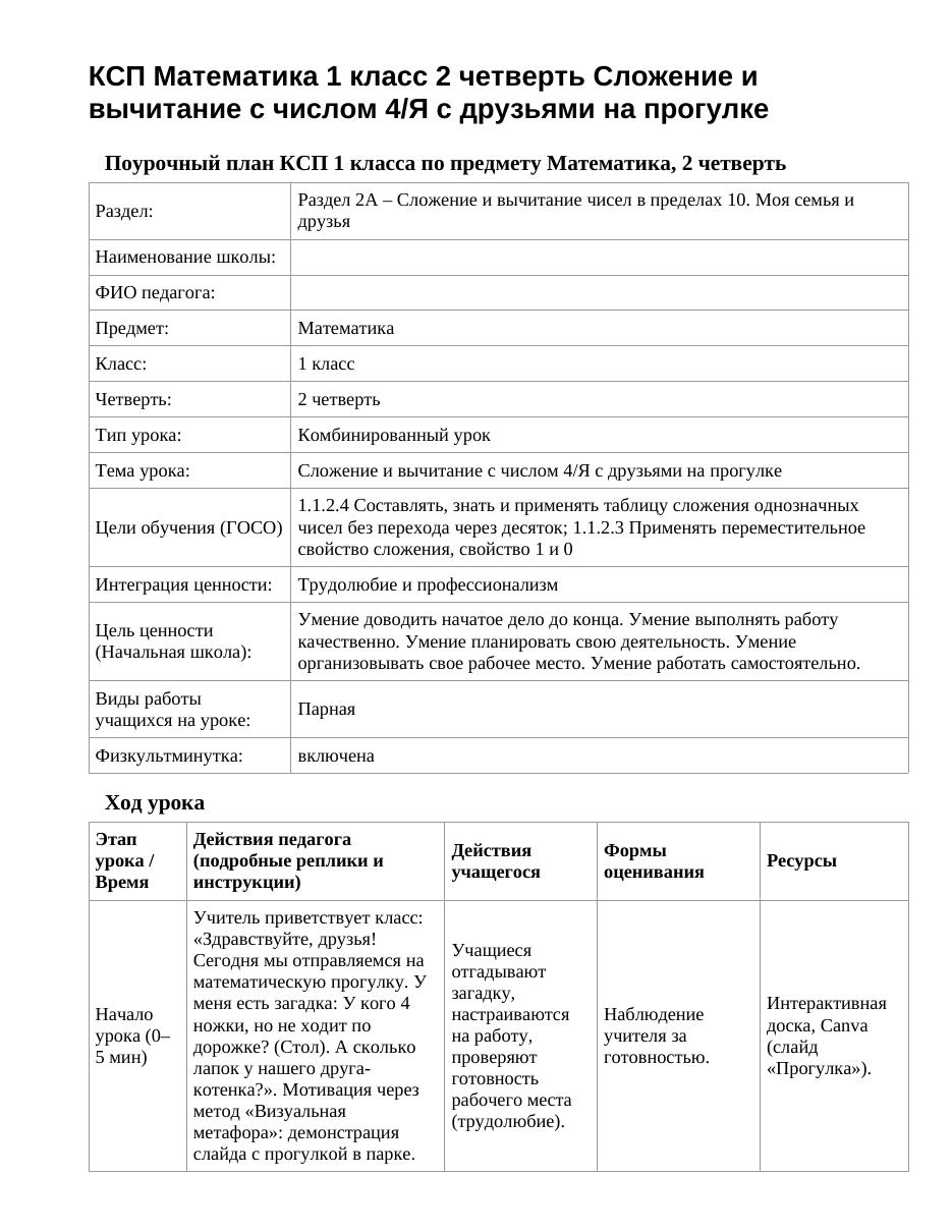 КСП Математика 1 класс 2 четверть Сложение и вычитание с числом 4/Я с друзьями на прогулке