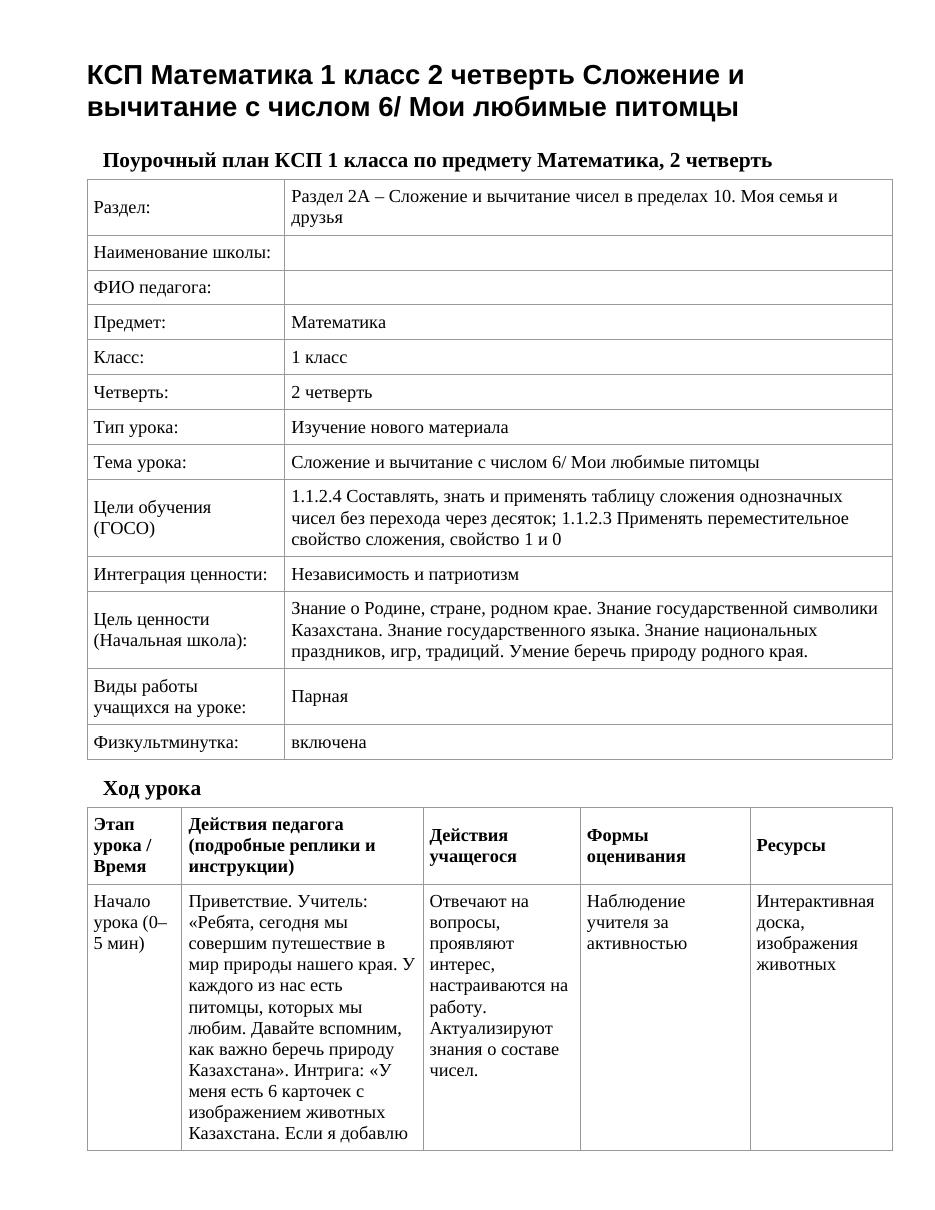 КСП Математика 1 класс 2 четверть Сложение и вычитание с числом 6/ Мои любимые питомцы