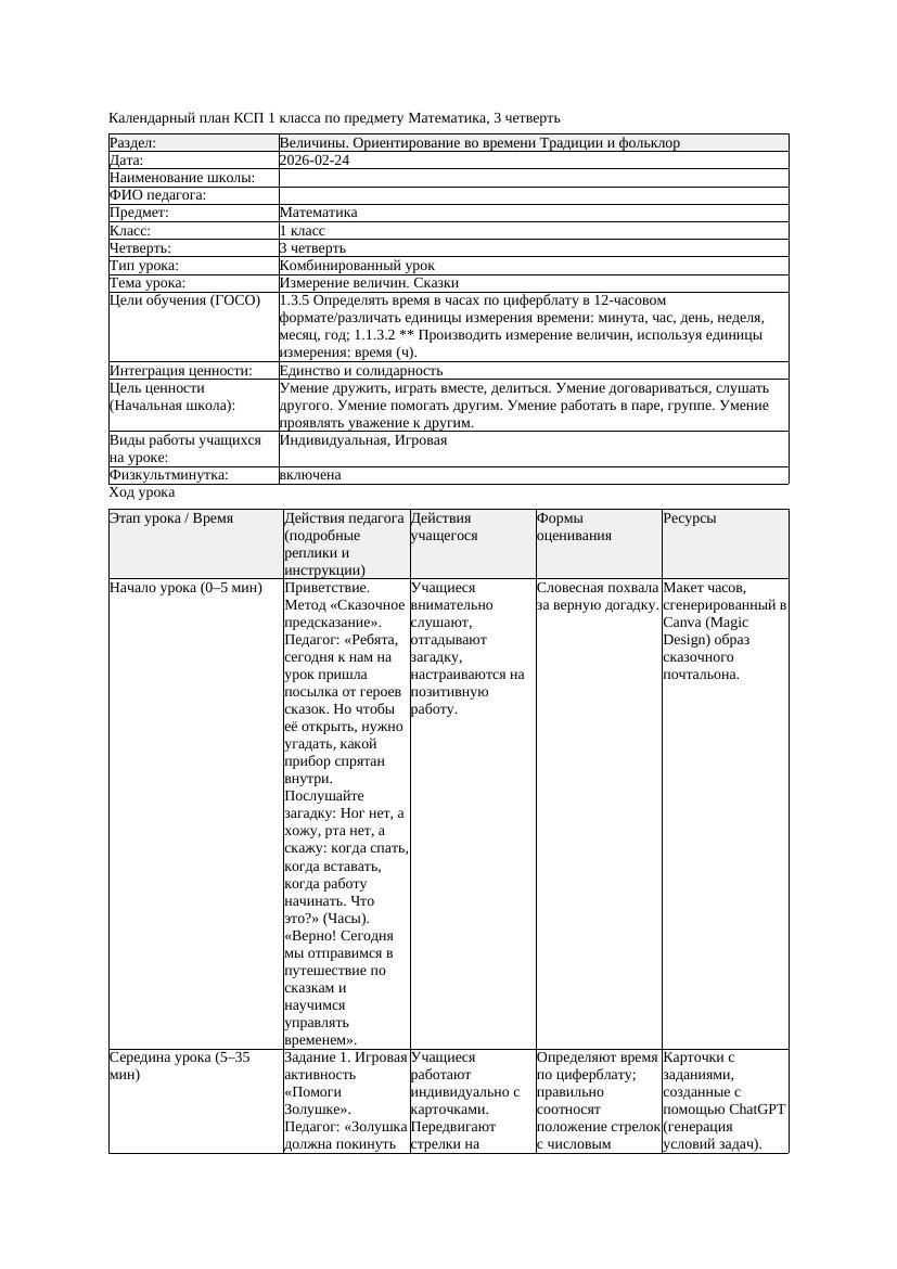 КСП Математика 1класс 3 четверть Измерение величин Сказки 20260224