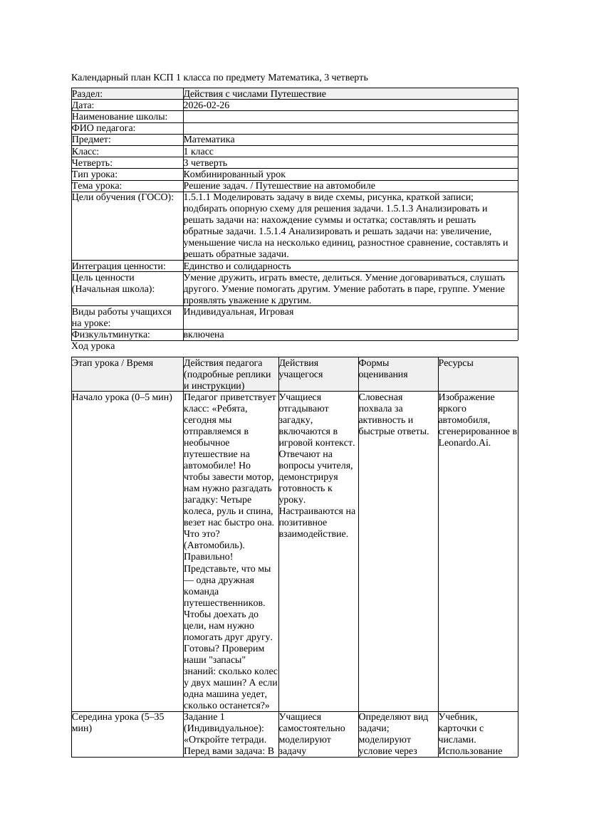 КСП Математика 1класс 3 четверть Решение задач Путешествие на автомобиле