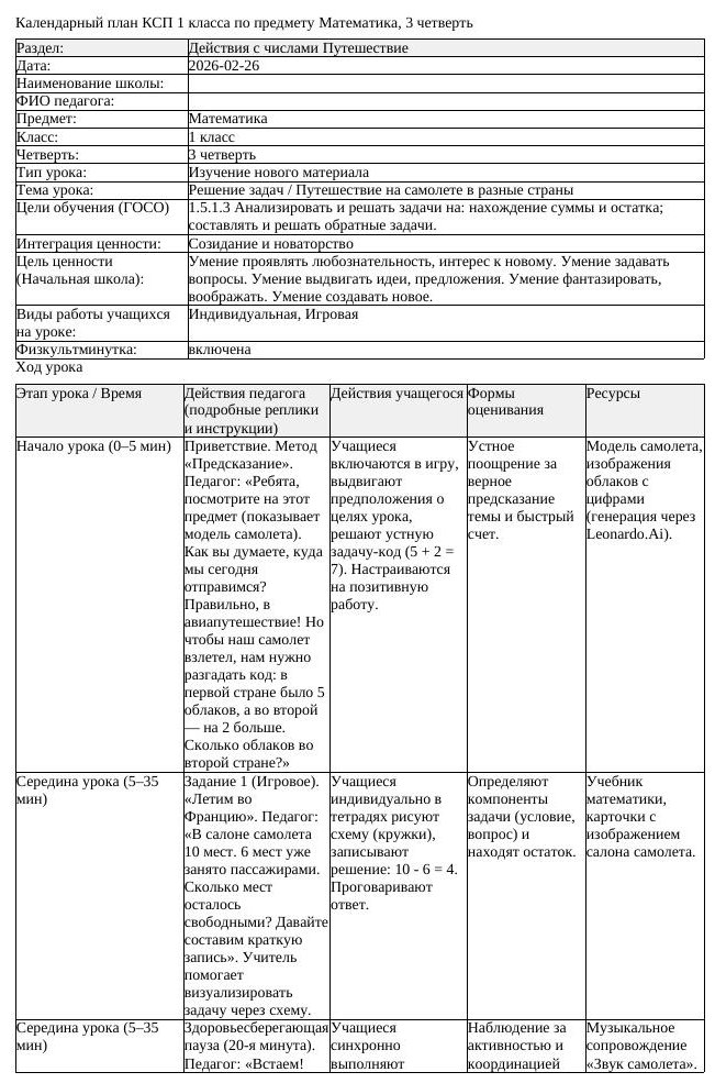 КСП Математика 1класс 3 четверть Решение задач Путешествие на самолете