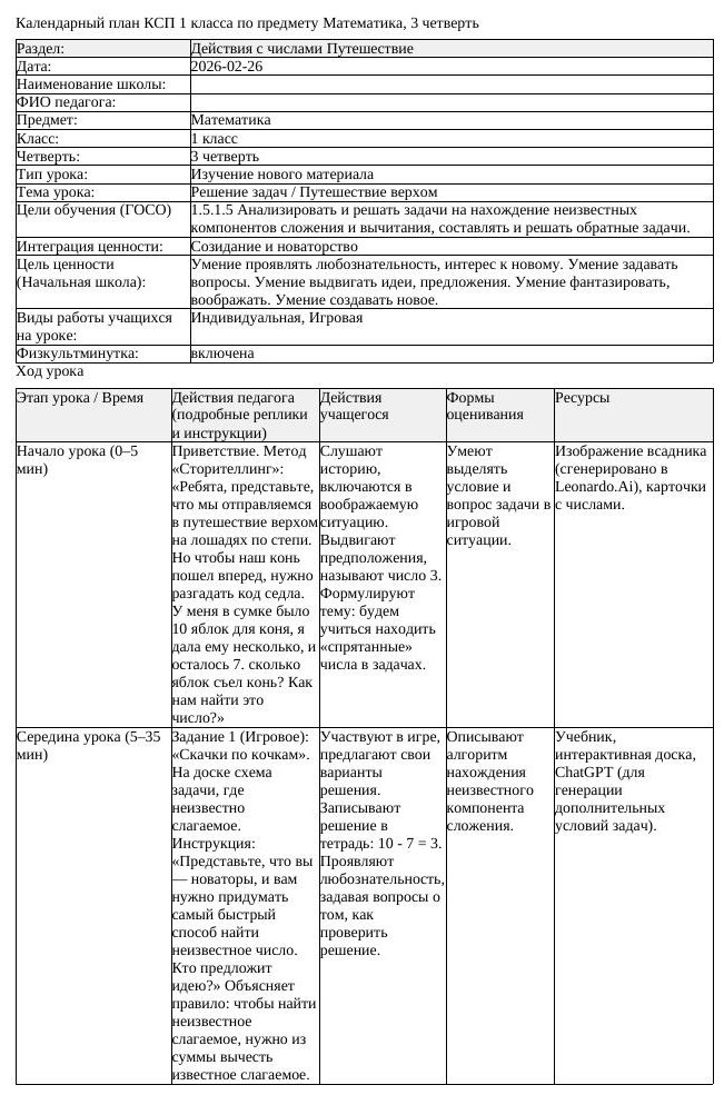 КСП Математика 1класс 3 четверть Решение задач Путешествие верхом