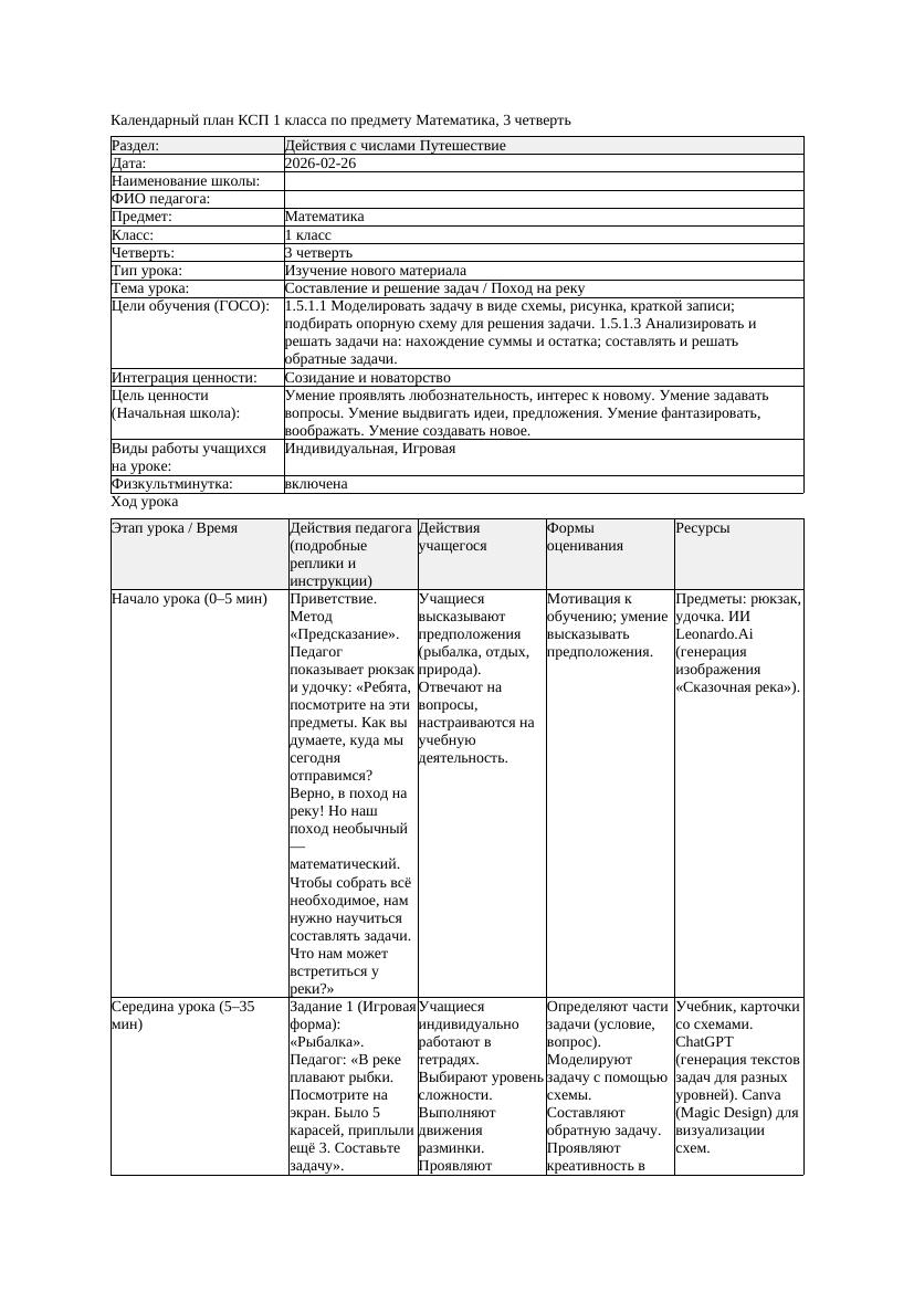 КСП Математика 1класс 3 четверть Составление и решение задач Поход