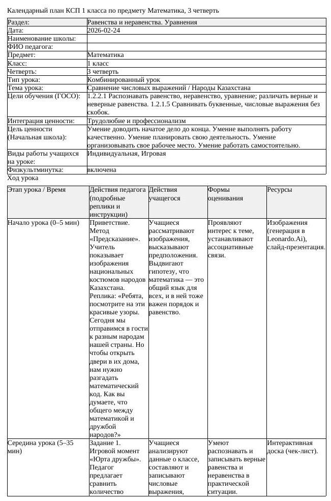 КСП Математика 1класс 3 четверть Сравнение числовых выражений Народы