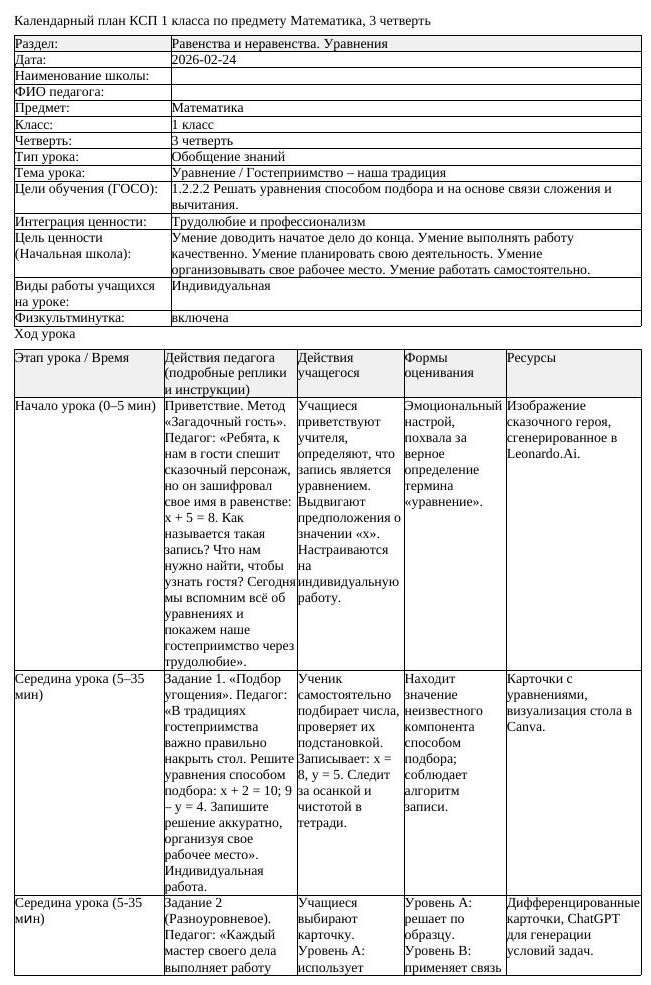 КСП Математика 1класс 3 четверть Уравнение Гостеприимство наша традиция