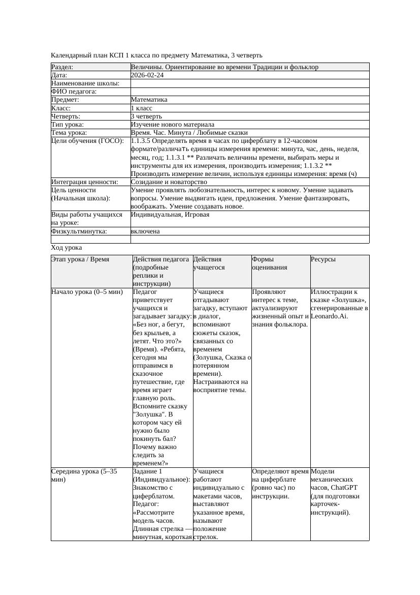 КСП Математика 1класс 3 четверть Время Час Минута Любимые сказки