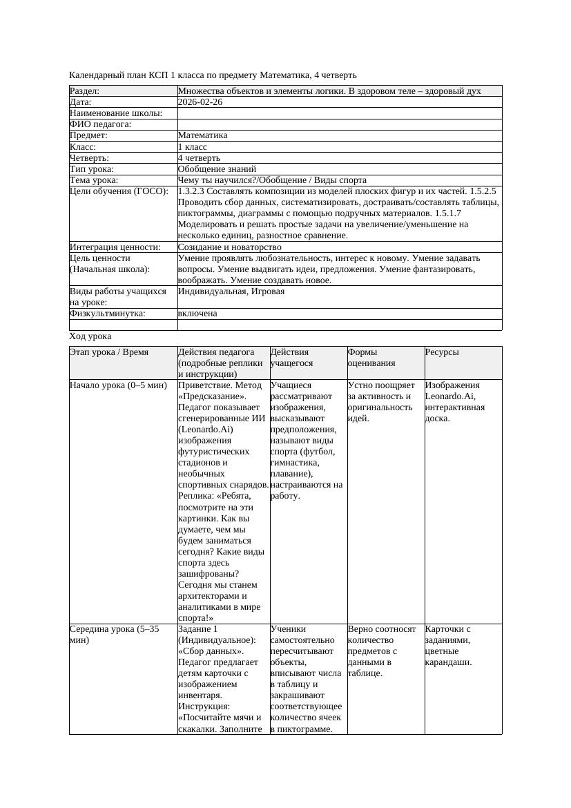 КСП Математика 1класс 4 четверть Чему ты научилсяОбобщение Виды