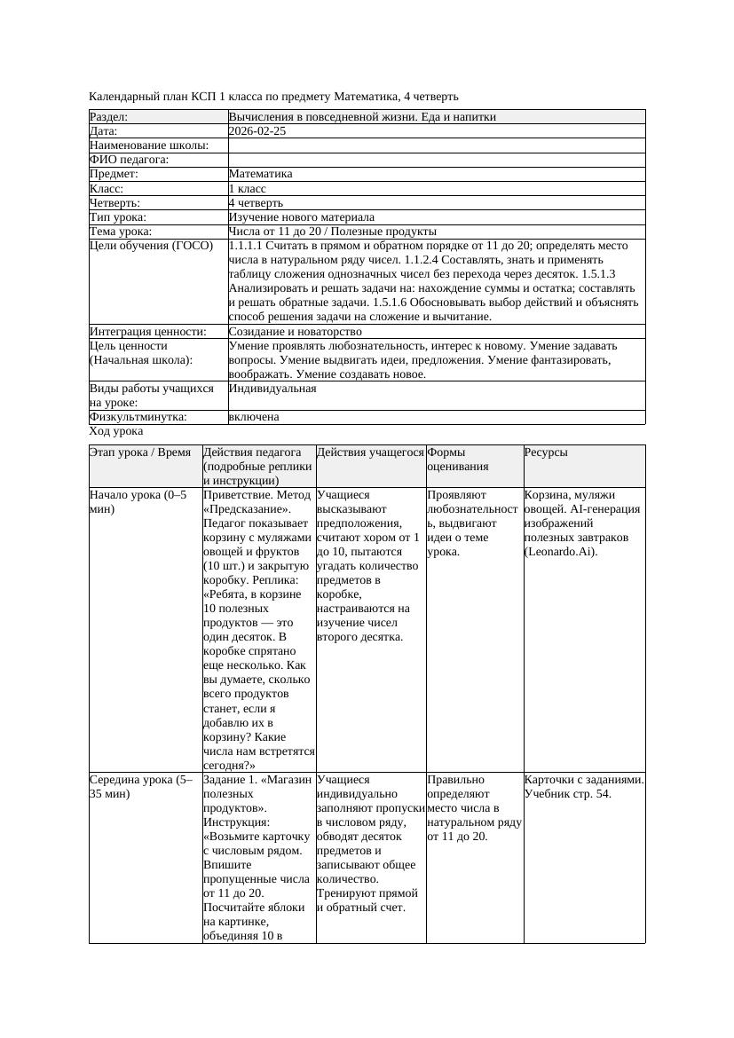 КСП Математика 1класс 4 четверть Числа от 11 до 20 Полезные продукты