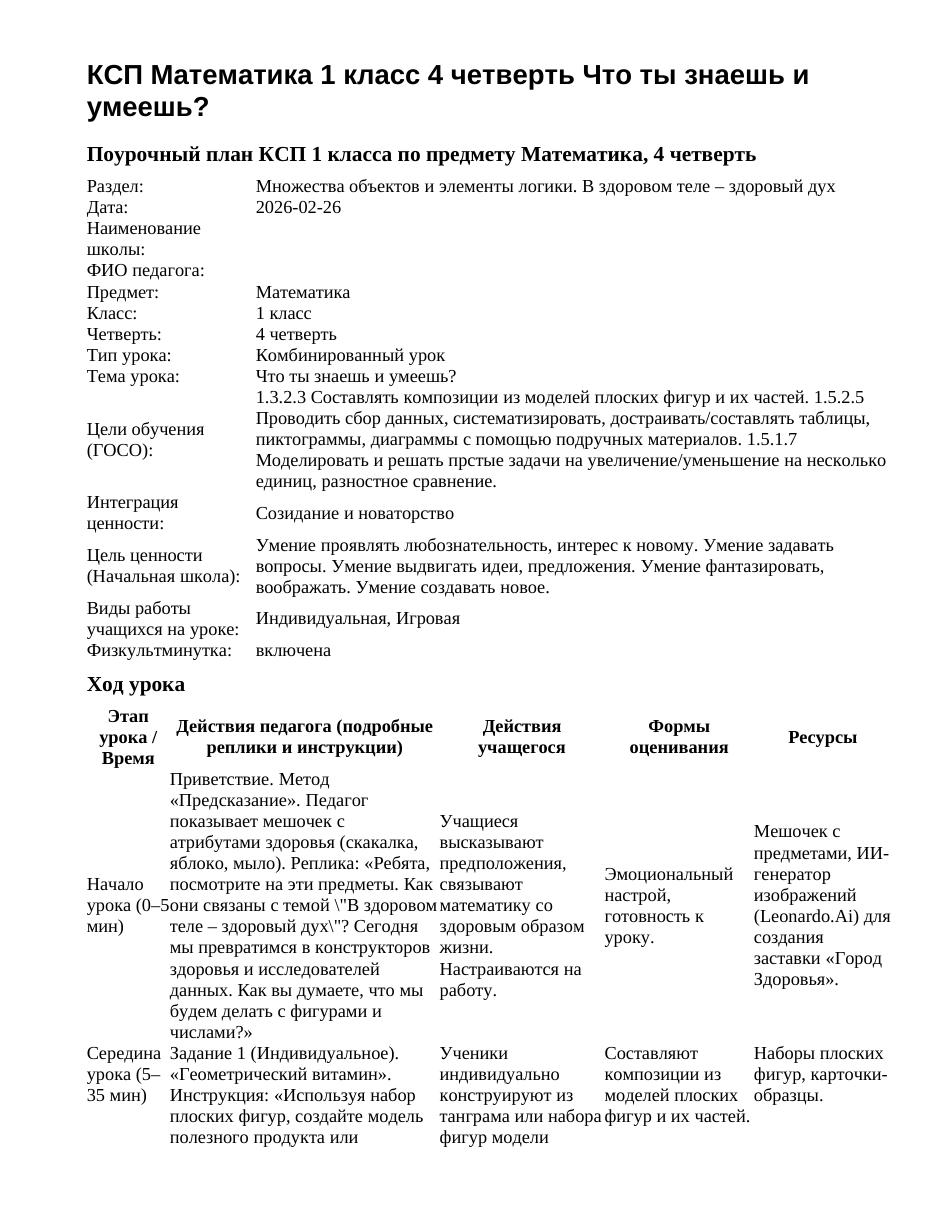 КСП Математика 1 класс 4 четверть Что ты знаешь и умеешь?
