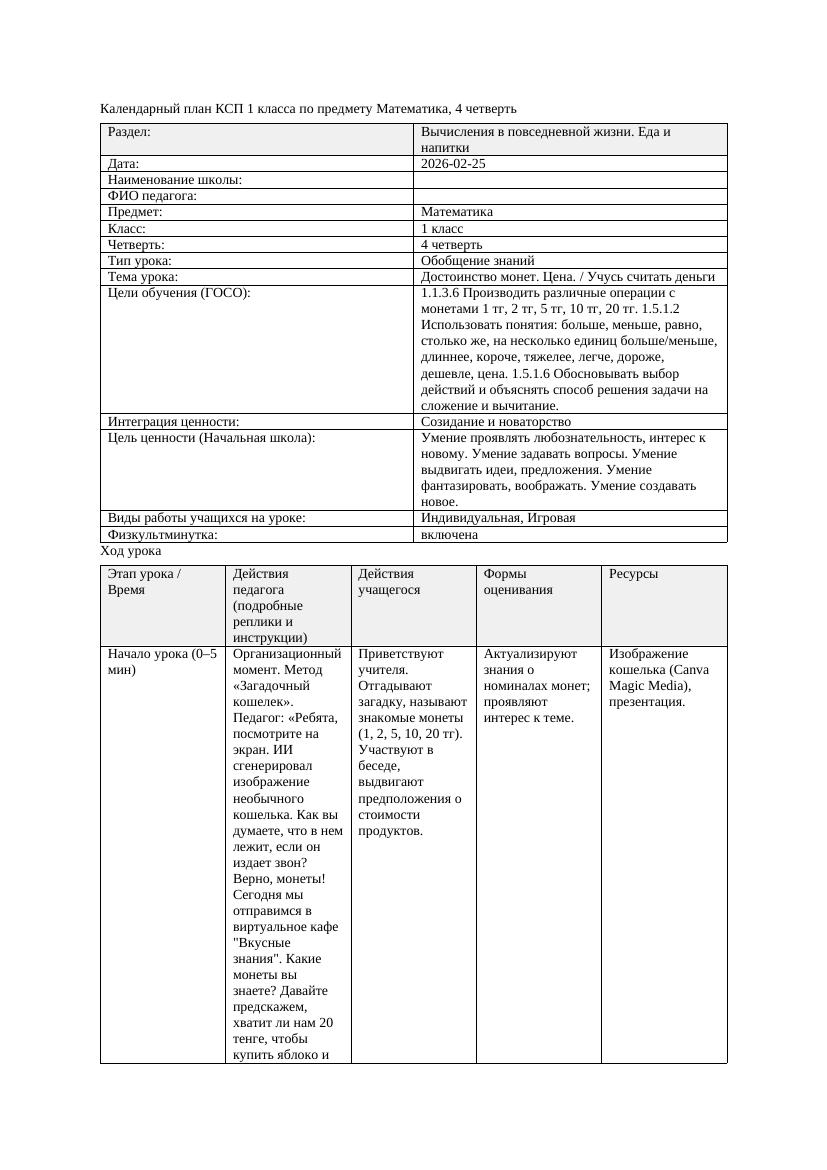 КСП Математика 1класс 4 четверть Достоинство монет Цена Учусь считать