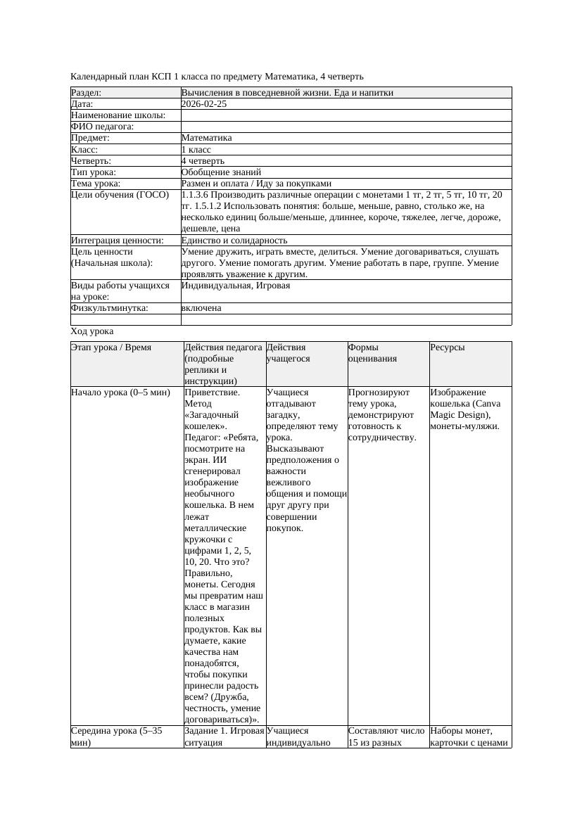 КСП Математика 1класс 4 четверть Размен и оплата Иду за покупками