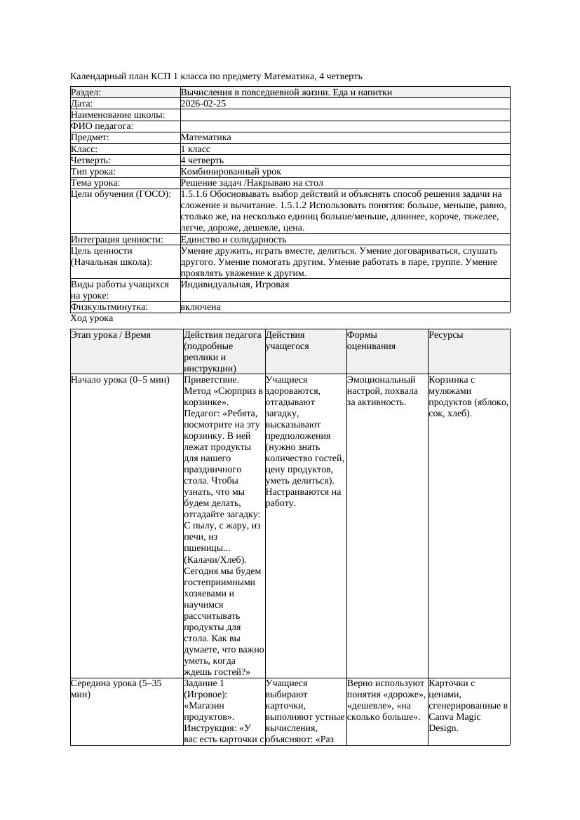 КСП Математика 1класс 4 четверть Решение задач Накрываю на стол