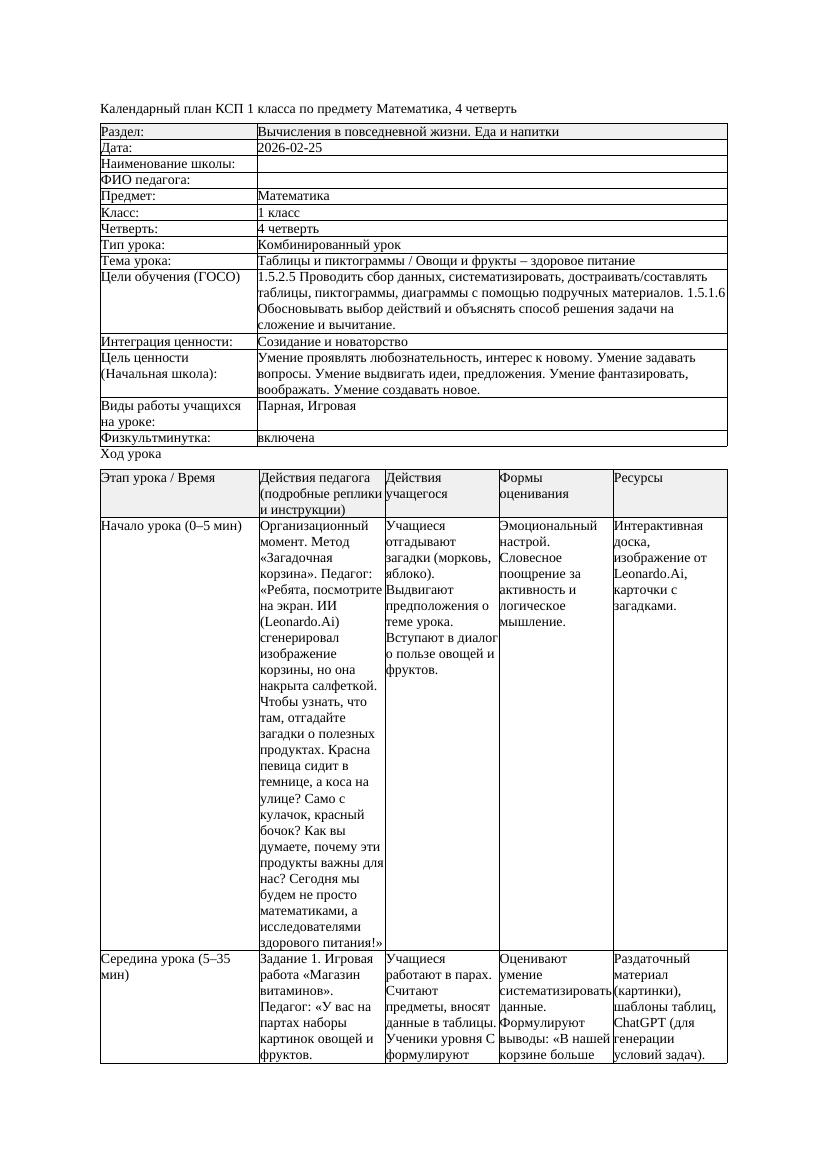 КСП Математика 1класс 4 четверть Таблицы и пиктограммы Овощи и фрукты