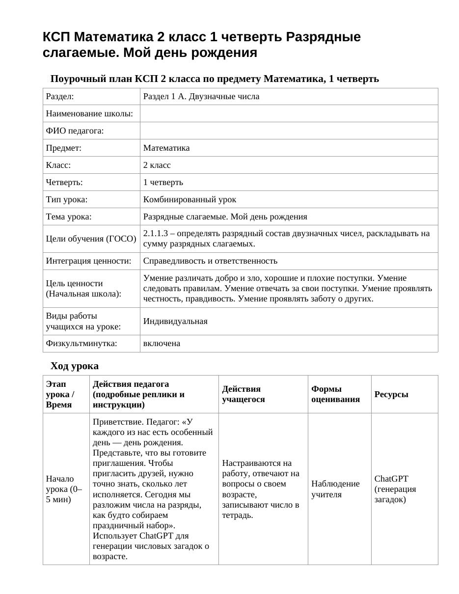 КСП Математика 2 класс 1 четверть Разрядные слагаемые. Мой день рождения