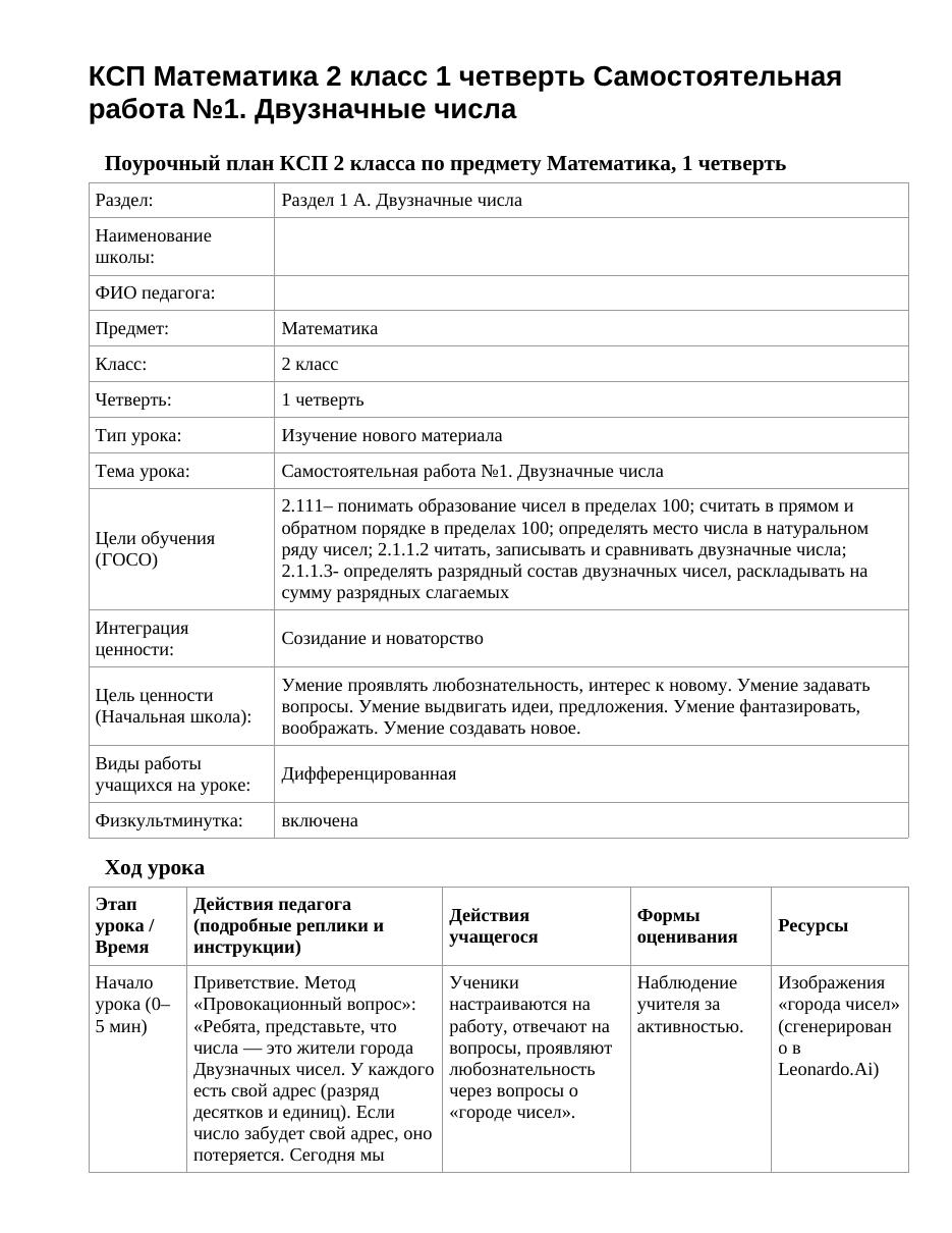 КСП Математика 2 класс 1 четверть Самостоятельная работа №1. Двузначные числа