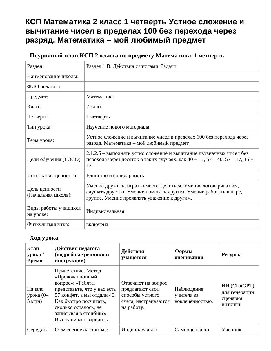 КСП Математика 2 класс 1 четверть Устное сложение и вычитание чисел в пределах 100 без перехода через разряд. Математика – мой любимый предмет