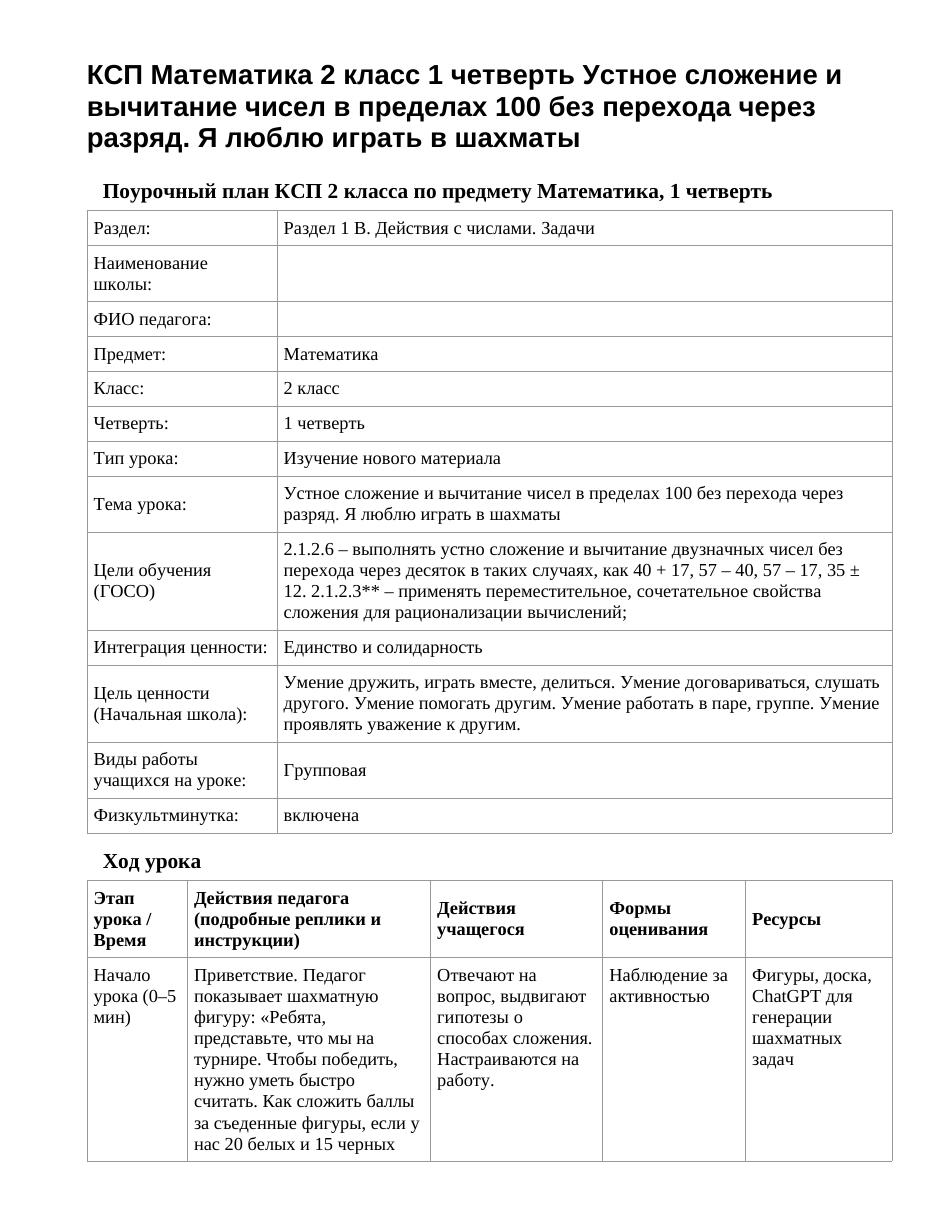 КСП Математика 2 класс 1 четверть Устное сложение и вычитание чисел в пределах 100 без перехода через разряд. Я люблю играть в шахматы