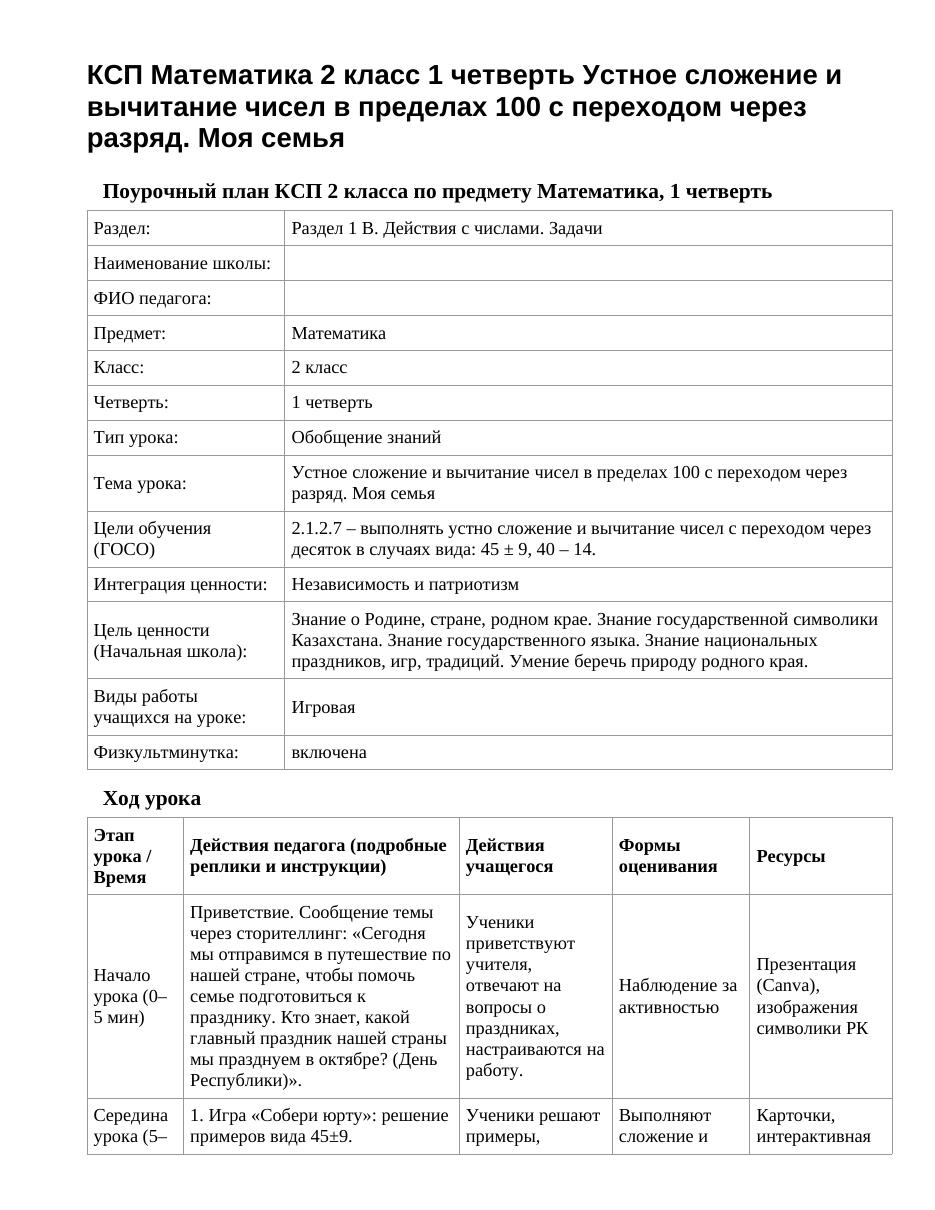 КСП Математика 2 класс 1 четверть Устное сложение и вычитание чисел в пределах 100 с переходом через разряд. Моя семья