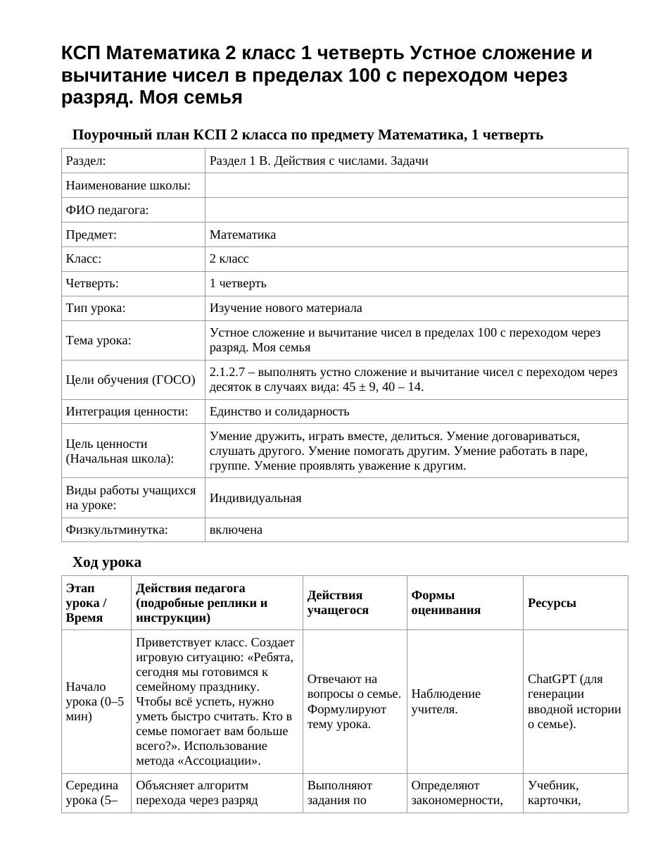 КСП Математика 2 класс 1 четверть Устное сложение и вычитание чисел в пределах 100 с переходом через разряд. Моя семья