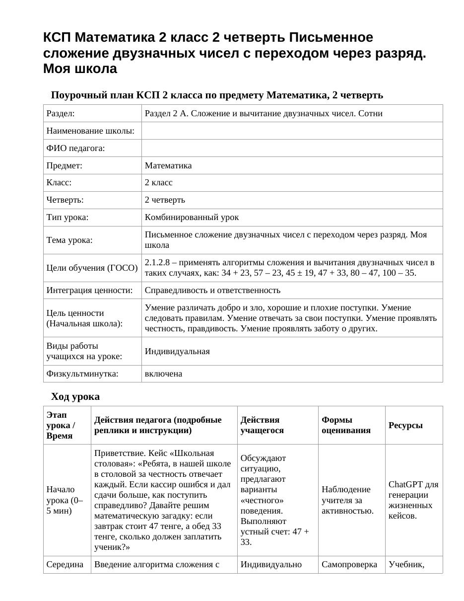 КСП Математика 2 класс 2 четверть Письменное сложение двузначных чисел с переходом через разряд. Моя школа