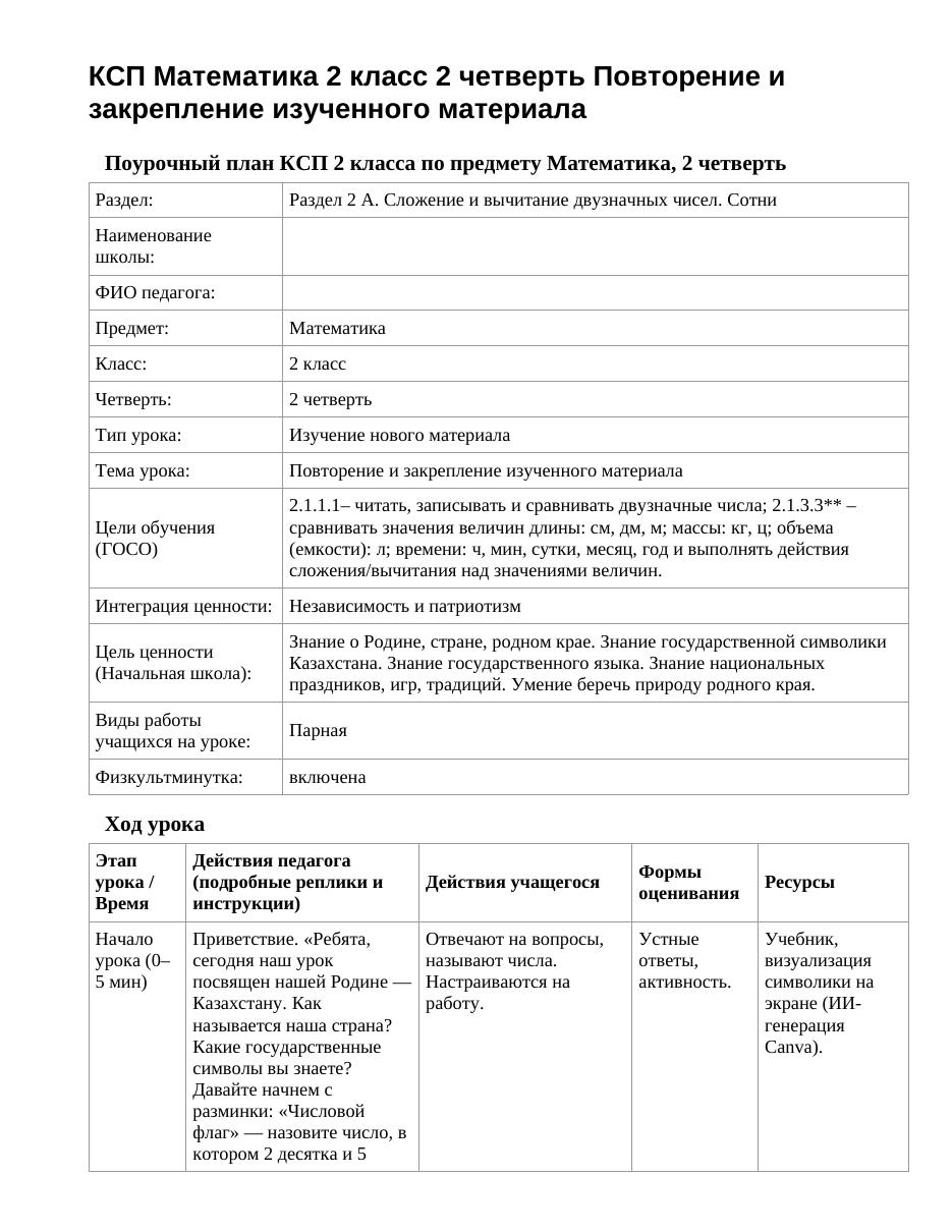 КСП Математика 2 класс 2 четверть Повторение и закрепление изученного материала