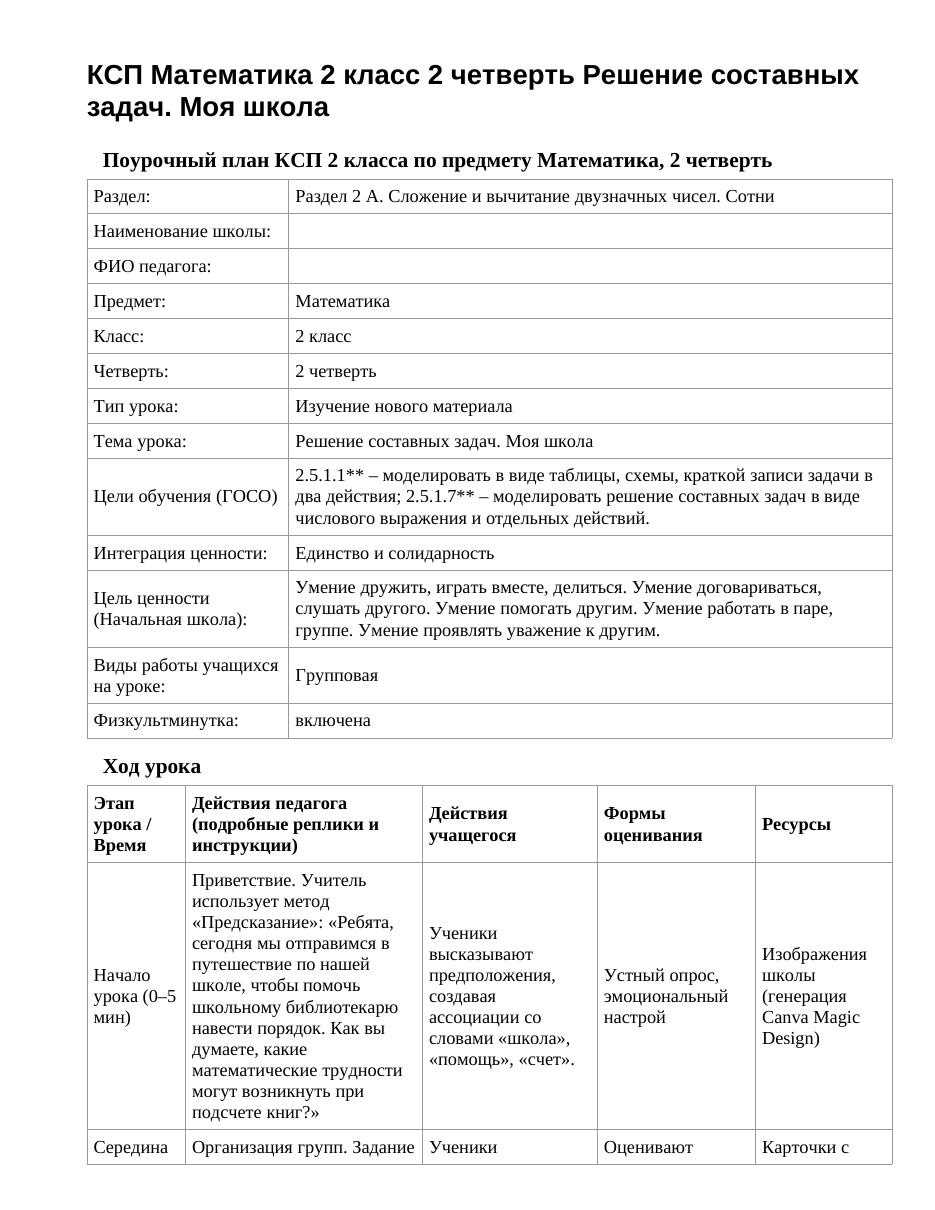 КСП Математика 2 класс 2 четверть Решение составных задач. Моя школа