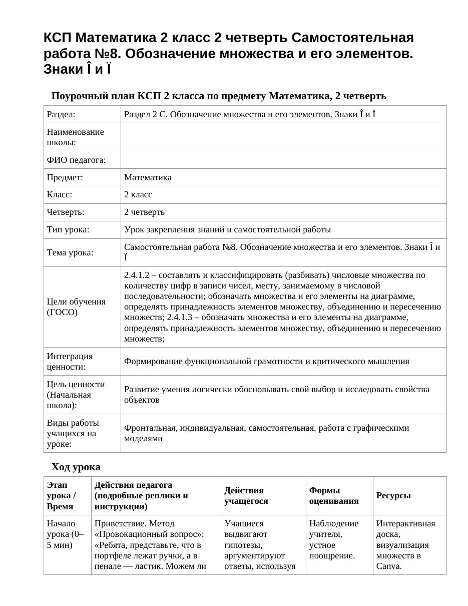 КСП Математика 2 класс 2 четверть Самостоятельная работа №8. Обозначение множества и его элементов. Знаки Î и Ï