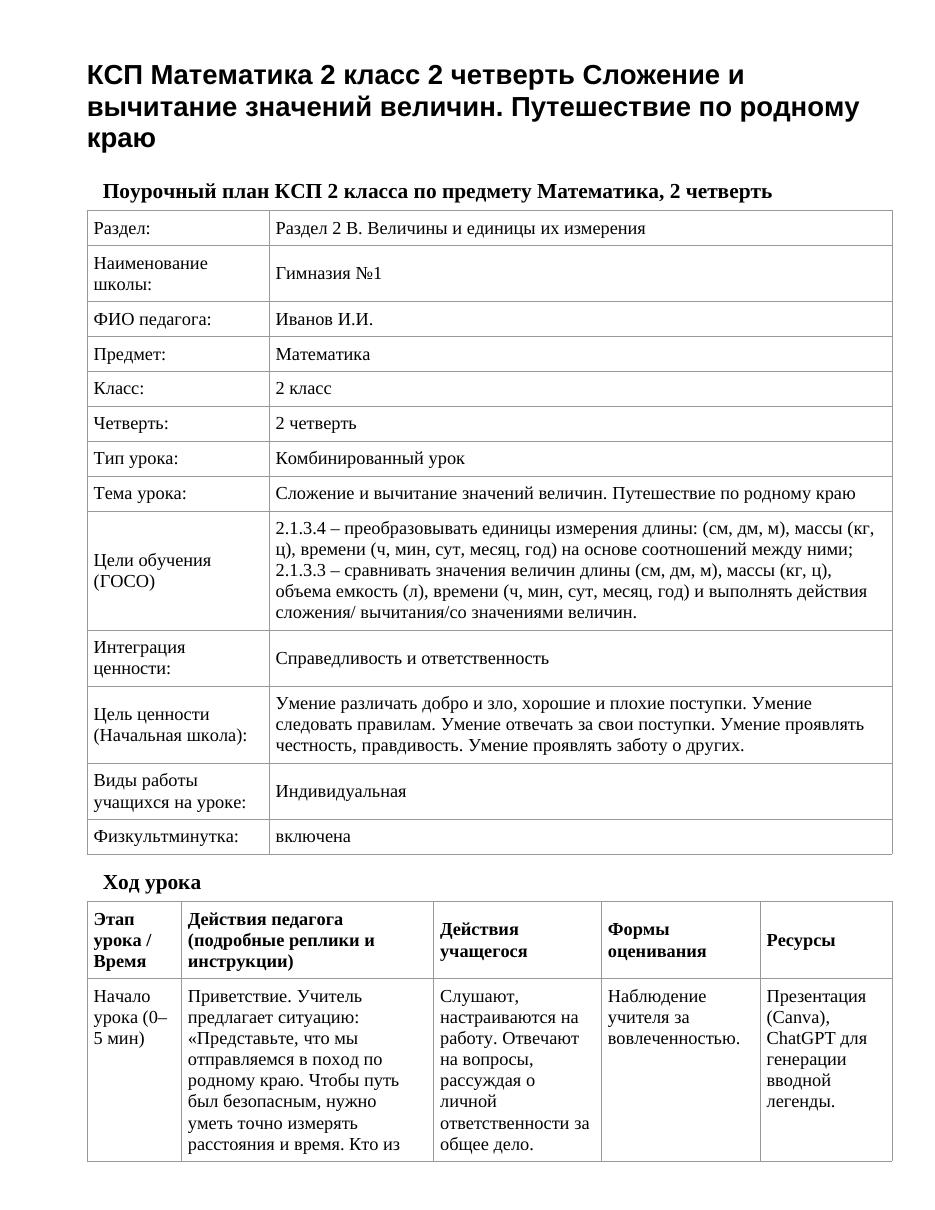 КСП Математика 2 класс 2 четверть Сложение и вычитание значений величин. Путешествие по родному краю
