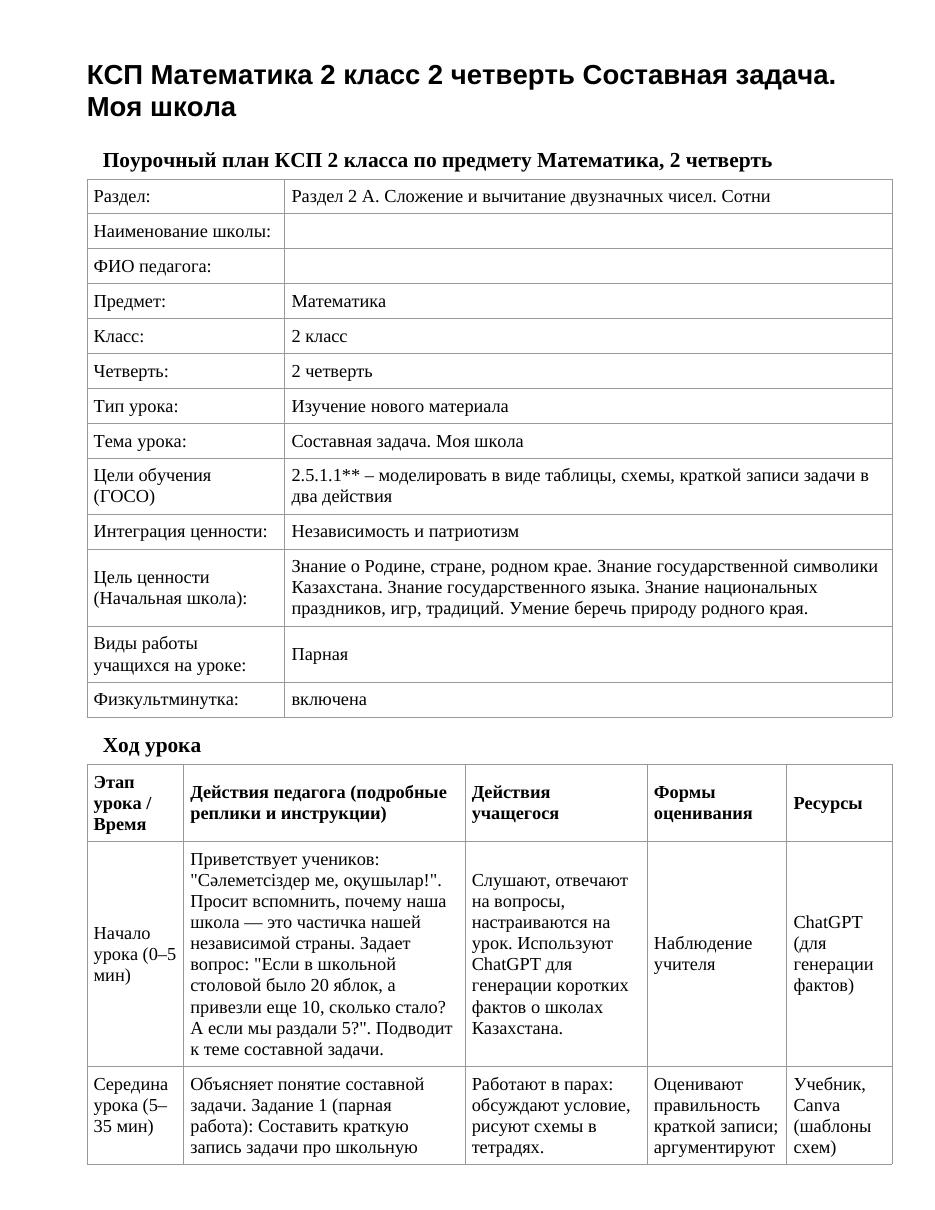 КСП Математика 2 класс 2 четверть Составная задача. Моя школа