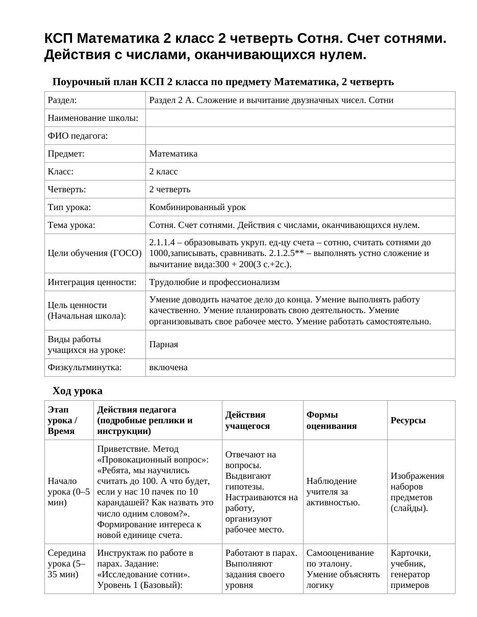 КСП Математика 2 класс 2 четверть Сотня. Счет сотнями. Действия с числами, оканчивающихся нулем.