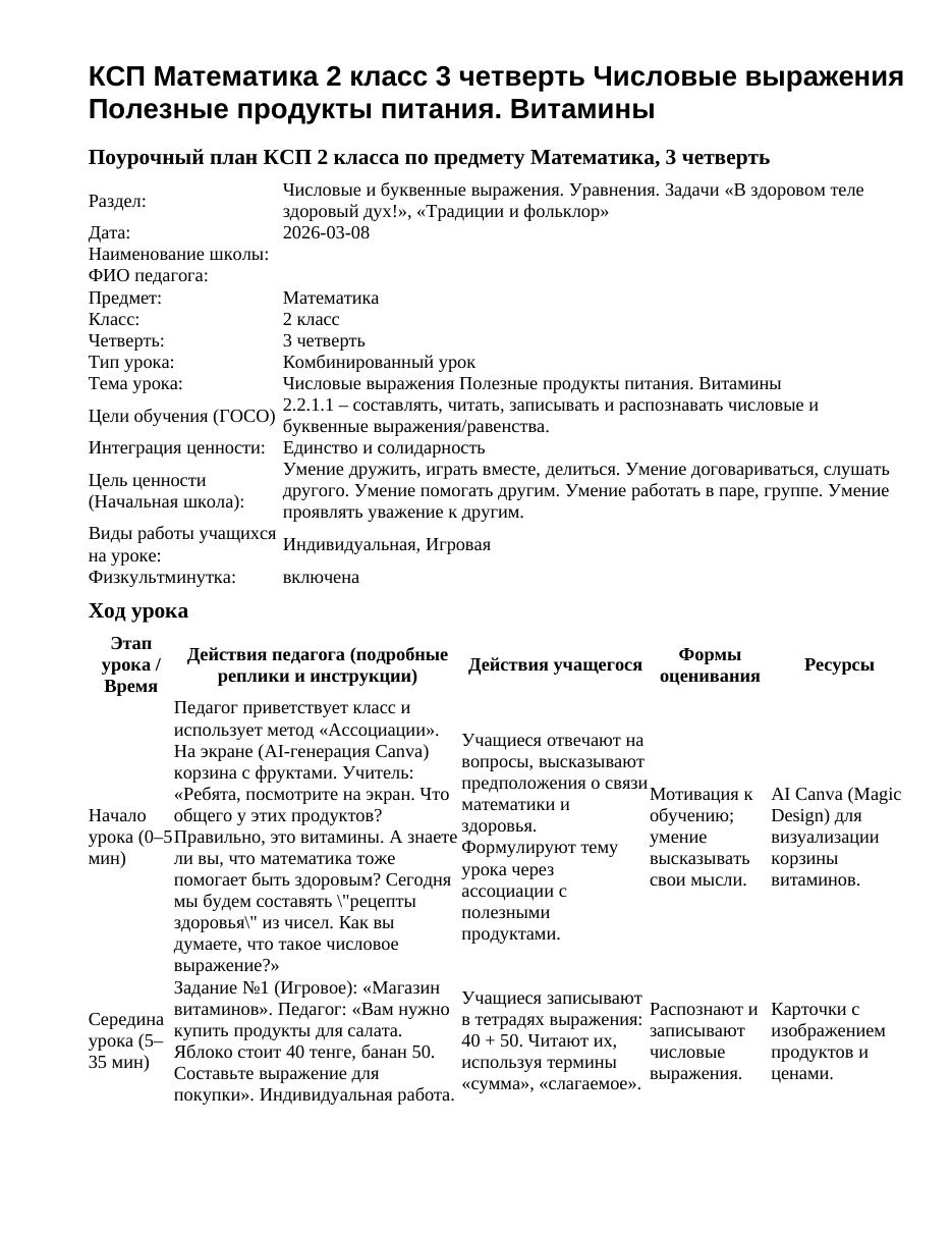 КСП Математика 2 класс 3 четверть Числовые выражения Полезные продукты питания. Витамины
