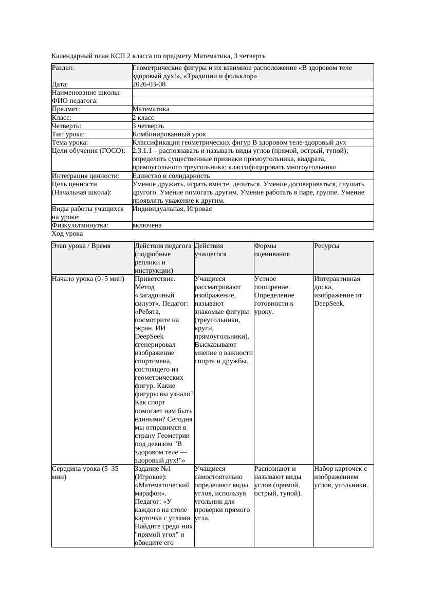 КСП Математика 2класс 3 четверть Классификация геометрических фигур
