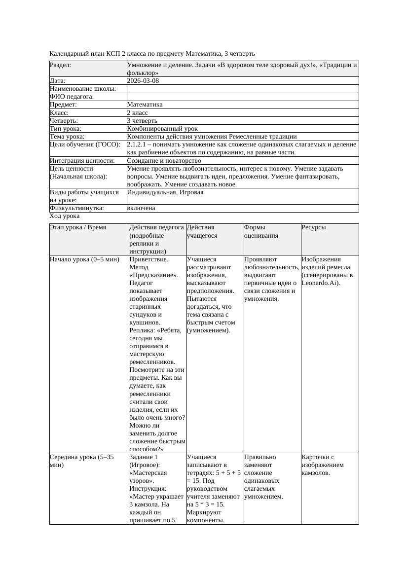 КСП Математика 2класс 3 четверть Компоненты действия умножения Ремесленные