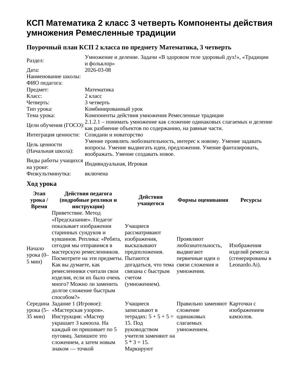 КСП Математика 2 класс 3 четверть Компоненты действия умножения Ремесленные традиции