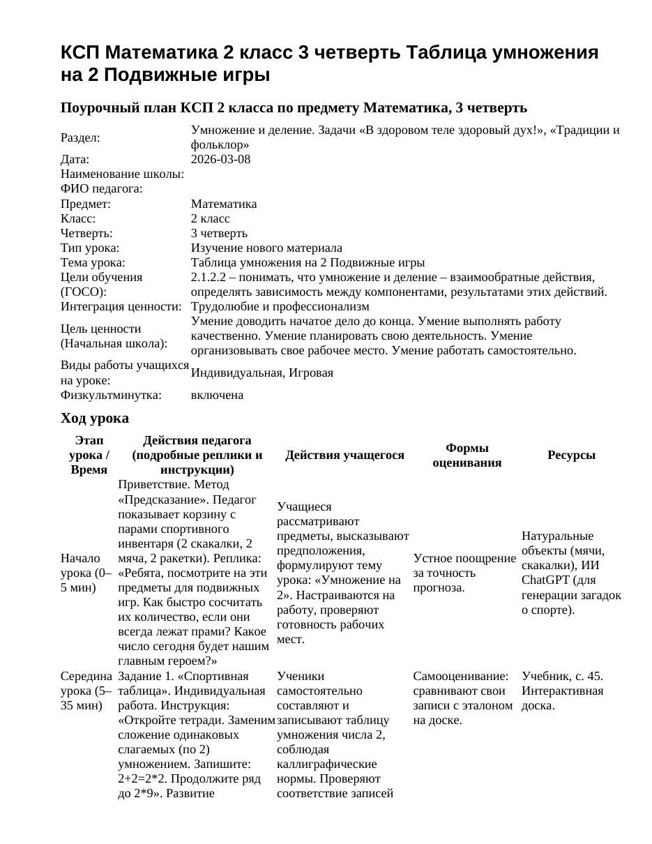 КСП Математика 2 класс 3 четверть Таблица умножения на 2 Подвижные игры