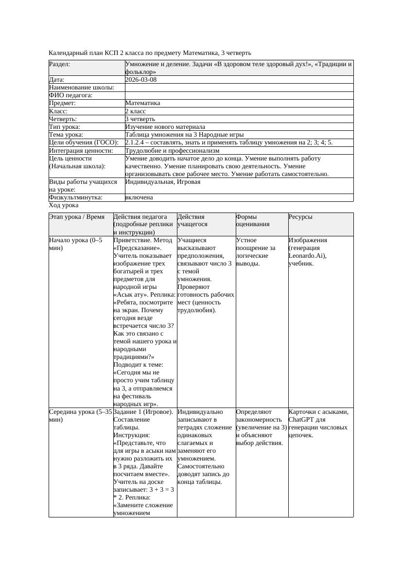 КСП Математика 2класс 3 четверть Таблица умножения на 3 Народные