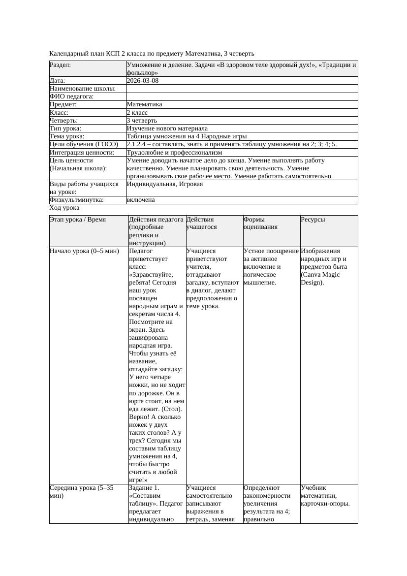 КСП Математика 2класс 3 четверть Таблица умножения на 4 Народные