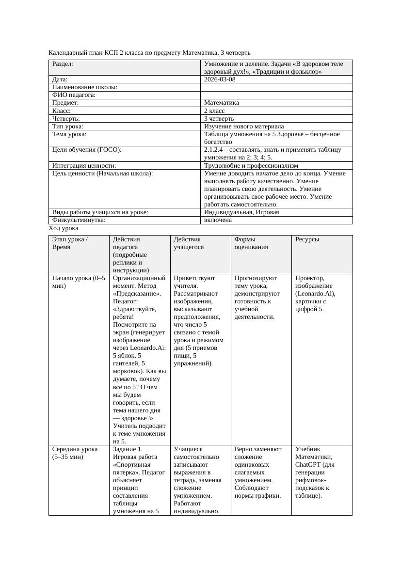 КСП Математика 2класс 3 четверть Таблица умножения на 5 Здоровье