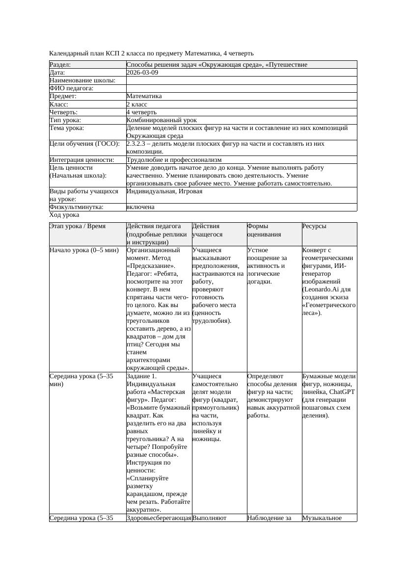 КСП Математика 2класс 4 четверть Деление моделей плоских фигур на