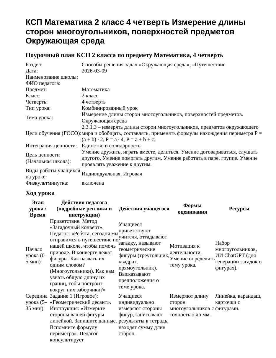 КСП Математика 2 класс 4 четверть Измерение длины сторон многоугольников, поверхностей предметов Окружающая среда