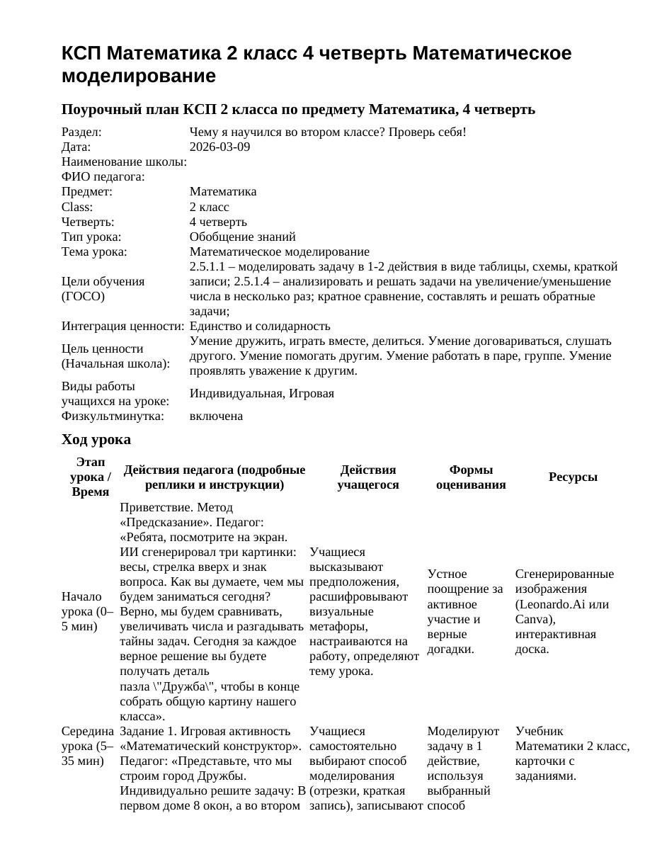 КСП Математика 2 класс 4 четверть Математическое моделирование